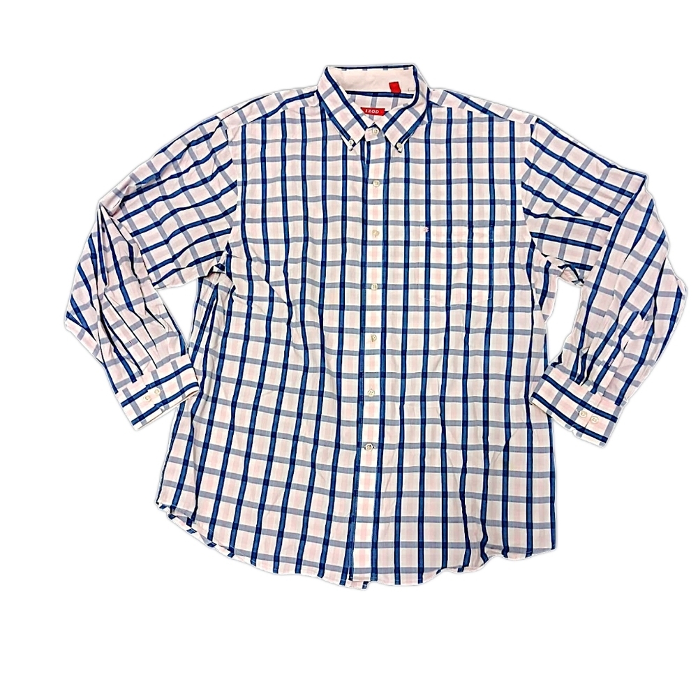 Izod Men's Blue And Pink Checkered Long Sleeve Button Down Dress Shirt